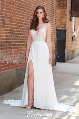 Bridal Dress: Enchanting By Mon Cheri SPRING 2020 Collection - 120170 - Bohemian Lace and Chiffon A-line Gown with Plunging V-Neck  