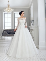 Bridal Dress: Sans Pareil Bridal Collection 2016: 1006 - Off-the-shoulder lace sleeved ball gown with waistband detail   