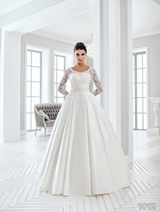 Bridal Dress: Sans Pareil Bridal Collection 2016: 1012 - Lace illusion full sleeves meet pleated satin ball gown skirt  