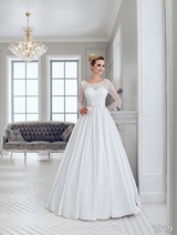 Bridal Dress: Sans Pareil Bridal Collection 2016: 1019 - Satin A-line wedding gown with crystal trimmed illusion neckline and sleeves  