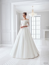 Bridal Dress: Sans Pareil Bridal Collection 2016: 885 - Vivid lace trimmed off-the-shoulder wedding gown with three-fourth length sleeves and pleated A-line satin skirt  