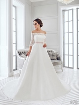 Bridal Dress: Sans Pareil Bridal Collection 2016: 973 - Off-the-shoulder lace over strapless bodice with satin A-line skirt and crystal embellished waistband  