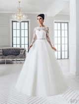 Bridal Dress: Sans Pareil Bridal Collection 2016: 977 - Bold floral appliques form illusion neckline and full length sleeves on layered A-line skirt  