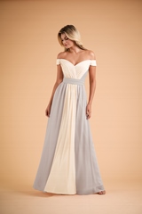 Evening Dress: B2 SPRING 2020 - B223004 - Pretty poly chiffon long bridesmaid dress with portrait neckline and cinching waist tie. New and exciting two-tone designs offered.  