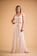 Bridesmaids Dress: B2 SPRING 2020 - B223009 - Pretty two-piece lace and poly chiffon long bridesmaid dress. Inside layer is cut on the bias and has an elastic waistband so it can form to all body shapes. Dress is accented with lace spaghetti strap top.  