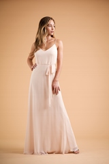 Bridesmaids Dress: B2 SPRING 2020 - B223012 - Two-piece lace and poly chiffon long bridesmaid dress. Inside layer is cut on the bias and has an elastic waistband so it can fit all body shapes. Dress is accented with loose lace 3/4 top.  