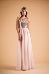 Bridesmaids Dress: B2 SPRING 2020 - B223014 - Sequin and poly chiffon long bridesmaid dress with sequin top  