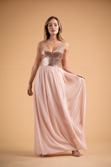 Bridesmaids Dress: B2 SPRING 2020 - B223015 - Sequin and chiffon long bridesmaid dress with V-neckline, deep V back.  