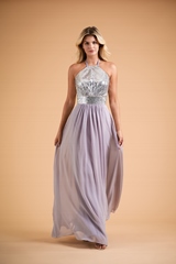 Bridesmaids Dress: B2 SPRING 2020 - B223016 - Sequin halter top and thick waistband with poly chiffon back neck tie.  