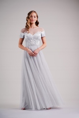 Bridesmaids Dress: BELSOIE SPRING 2020 - L224003 - Lace appliqué and soft tulle long bridesmaid dress with illusion jewel neckline  