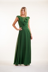 Evening Dress: JASMINE BRIDESMAID SPRING 2020 - P226007 - Charlotte chiffon long bridesmaid dress with bateau neckline, ruffled V-neck design  