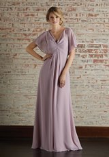 Bridesmaids Dress: Mori Lee BRIDESMAIDS FALL 2018 Collection: 21594 - Chiffon Bridesmaid Dress with Capelet Style Sleeves and V-Neckline  