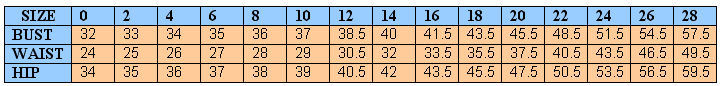 Size chart After Six Bridesmaids Collection