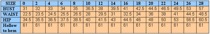 Size chart Angelina Faccenda Bridal Collection