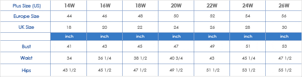 Size chart Toronto Dresses Bridal Plus Size Collection