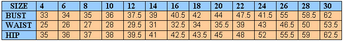 Size chart Fabulous Formals, Cassidy Sarah, Madison Collections